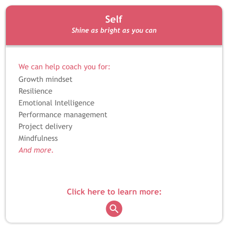 Self Shine as bright as you can  We can help coach you for: Growth mindset Resilience 	 Emotional Intelligence Performance management  Project delivery Mindfulness And more.  Click here to learn more: